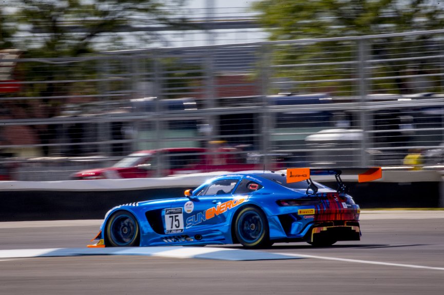 #75 Mercedes AMG GT3 of Kenny Habul, Martin Konrad, and Mikael Grenier, SunEnergy1 Racing, GT3 Pro-Am, SRO, Indianapolis Motor Speedway, Indianapolis, IN, September 2020.
