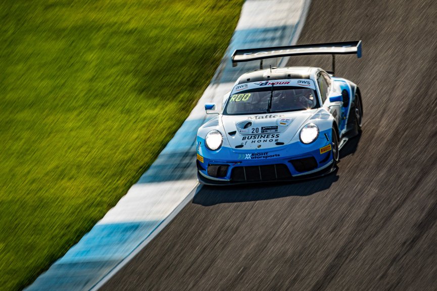 #20 Porsche 911 GT3 R of Fred Poordad, Max Root and Jan Heylen, Wright Motorsports/Robert Viglione, GT3 Silver CupSRO, Indianapolis Motor Speedway, Indianapolis, IN, September 2020.

