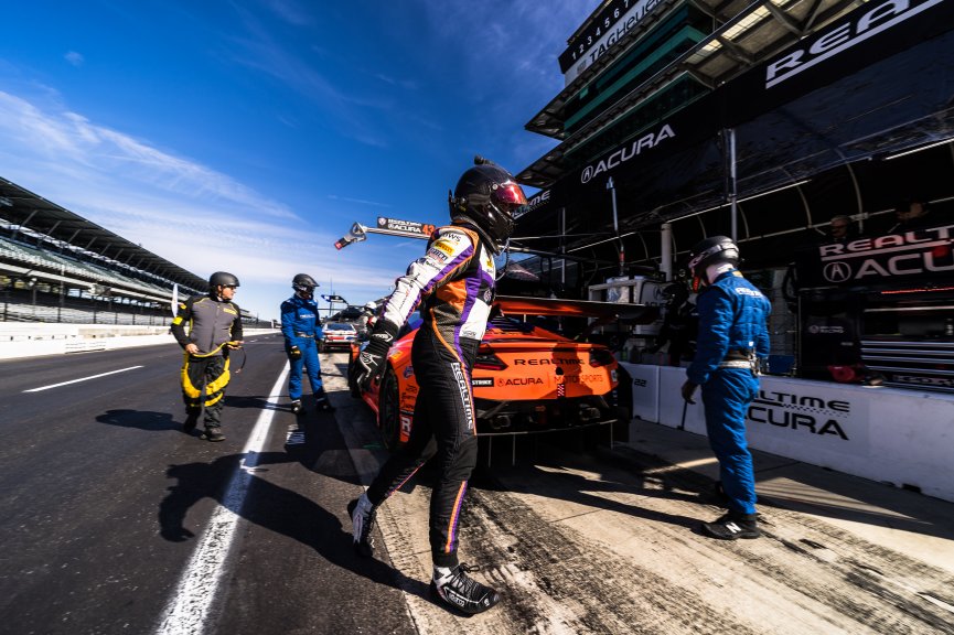 #43 Porsche 911 GT3-R (991.ii) of Erin Vogel, Michael Cooper and Taylor Hagler, RealTime RacingSRO America, Indianapolis Motor Speedway, Indianapolis, Indiana, Oct 2022.
