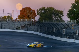#32 Porsche 911 GT3-R (991.ii) of Kyle Washington, James Sofronas and Klaus Bachler, GMG Racingfull, moon, SRO America, Indianapolis Motor Speedway, Indianapolis, Indiana, Oct 2022.
 | Brian Cleary/SRO  