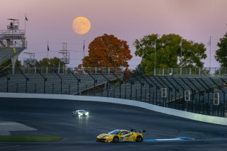 #218 Ferrari 488 GT3 of Jarett Andretti, Jeff Westphal and Ryan Briscoe, Andretti Autosport x Vital Speed, Pro, full, moon, SRO America, Indianapolis Motor Speedway, Indianapolis, Indiana, Oct 2022.
 | Brian Cleary/SRO  