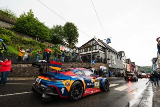 Artur Goroyan, Oleg Kivtka, Nathanael Berthon, Alex Fontana, Goroyan RT by Car Collection, nurburgring, adenau, public road, town center, rainy, cloudy, action, porsche 911 gt3 r, crowd, michelin, dekra, ravenol, wide angle, low angle, excitement, focus
 | Gruppe C Photography