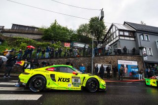 Kevin Estre, Ayhancan G&cedil;ven, Thomas Preining, Manthey, nurburgring, adenau, breidscheid bridge, rainy, cloudy, action, porsche 911 gt3 r, manthey racing, crowd, kus, michelin, wide angle, panning, excitement, focus
 | Gruppe C Photography
