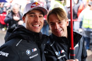 Augusto Farfus, Raffaele Marciello, Jordan Pepper, Kelvin van de, ROWE RACING, pit lane, rainy, cloudy, portrait, bmw motorsport team crew, red bull, crowd, close-up, celebration, excitement
 | Gruppe C Photography