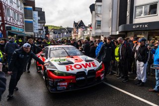 Augusto Farfus, Raffaele Marciello, Jordan Pepper, Kelvin van de, ROWE RACING, adenau, nurburgring, city street, cloudy, action, bmw m4 gt3, team crew, crowd, gran turismo, wide angle, close-up, focus, excitement, tension
 | Gruppe C Photography