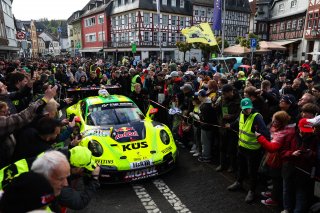 Kevin Estre, Ayhancan G&cedil;ven, Thomas Preining, Manthey, adenau, nurburgring, city street, cloudy, portrait, porsche 911 gt3 r, manthey racing, crowd, marshals, red bull, wide angle, close-up, excitement, focus
 | Gruppe C Photography