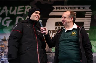 Laurin Heinrich, Laurens Vanthoor, Ricardo Feller, Lionspeed GP, nurburgring, podium stage, cloudy, podium, portrait, porsche motorsport driver, puma, ravenol, adac, interviewer, close-up, wide angle, excitement, celebration, focus
 | Gruppe C Photography